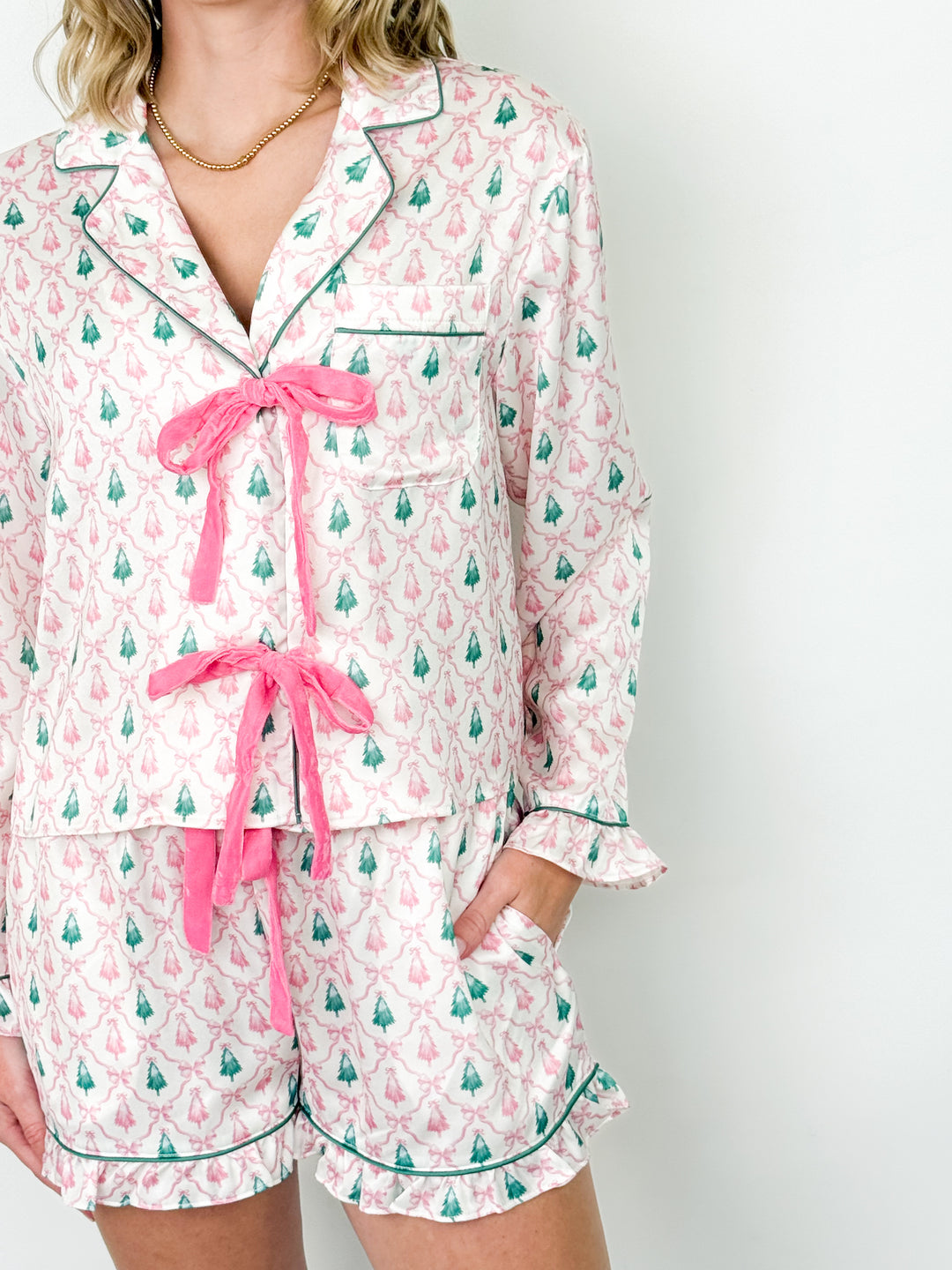 Satin Pink & Green Christmas Tree Pajama Short Set