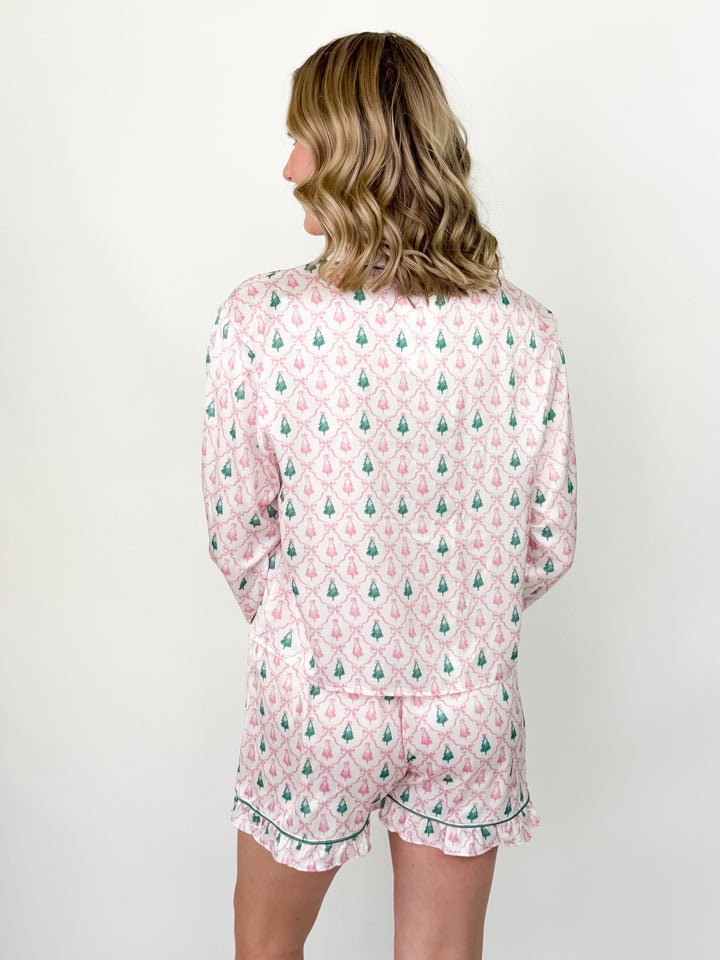 Satin Pink & Green Christmas Tree Pajama Short Set