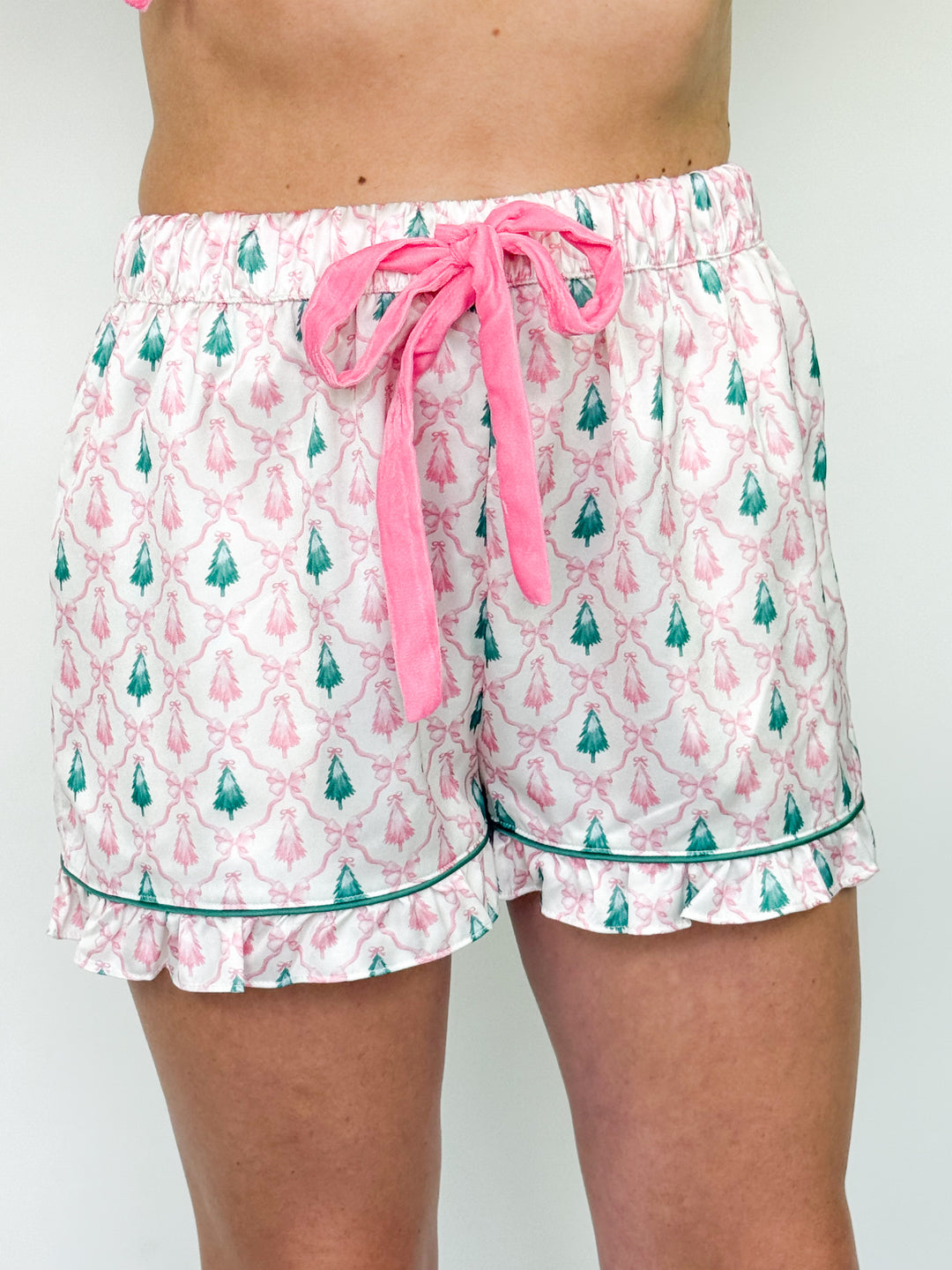 Satin Pink & Green Christmas Tree Pajama Short Set