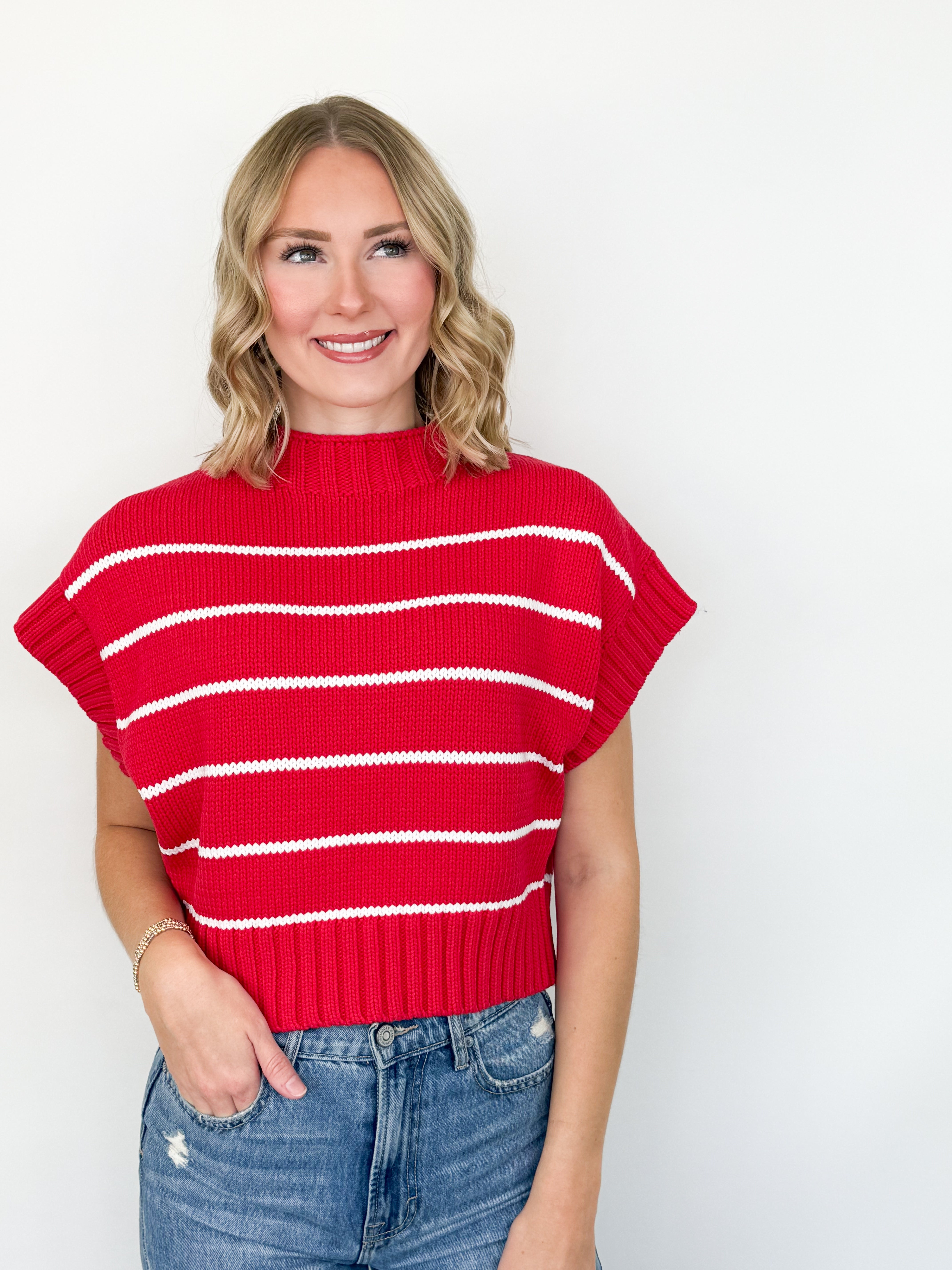 Katie - Striped Mock Neck Sweater (Red)
