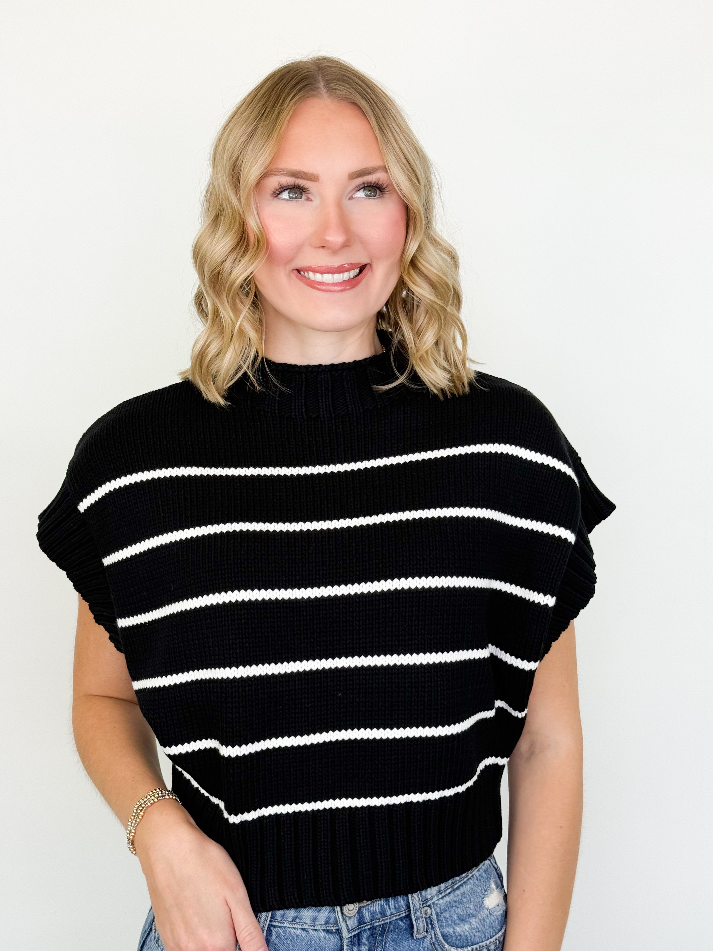 Katie - Striped Mock Neck Sweater (Black)