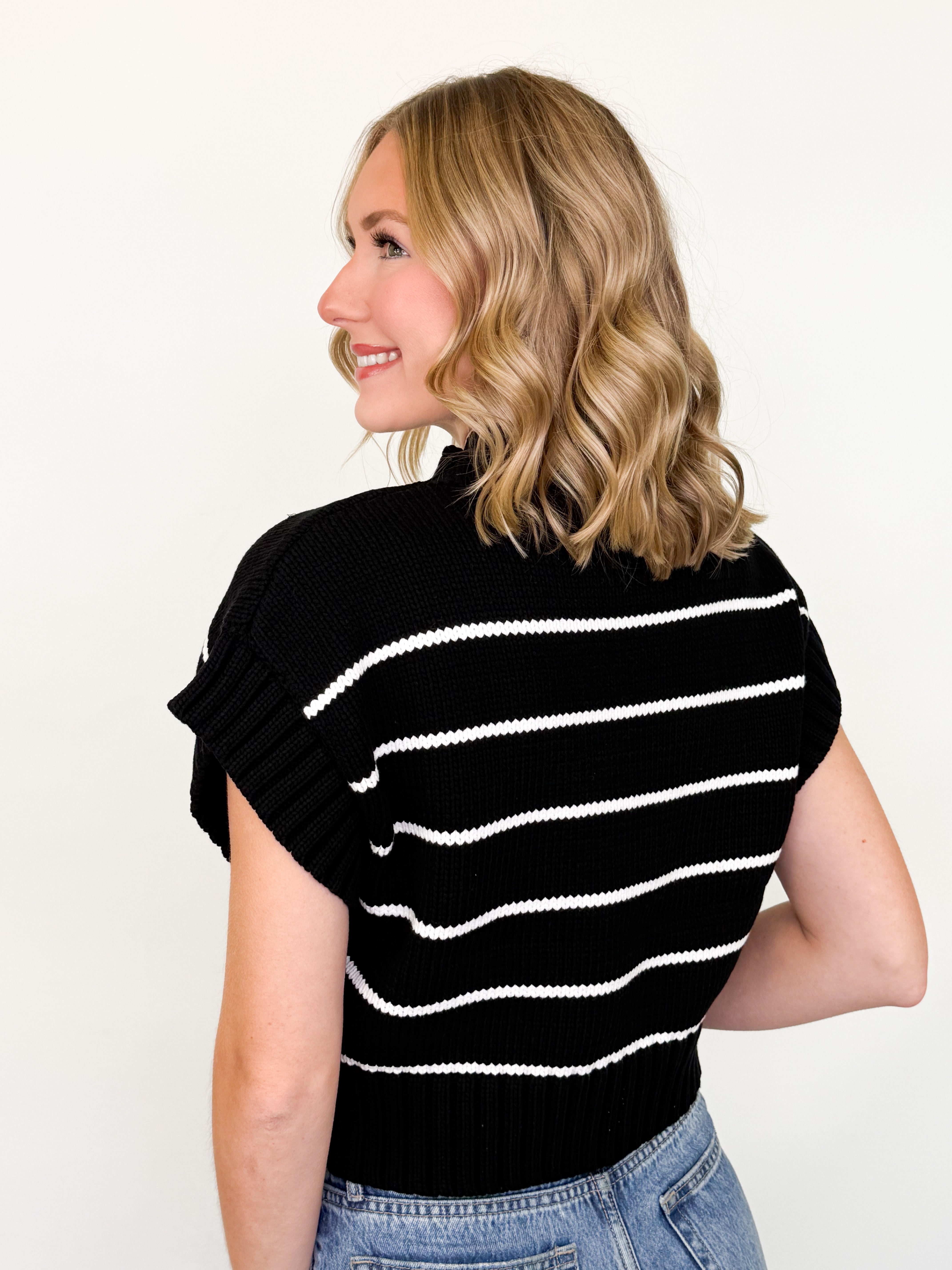 Katie - Striped Mock Neck Sweater (Black)