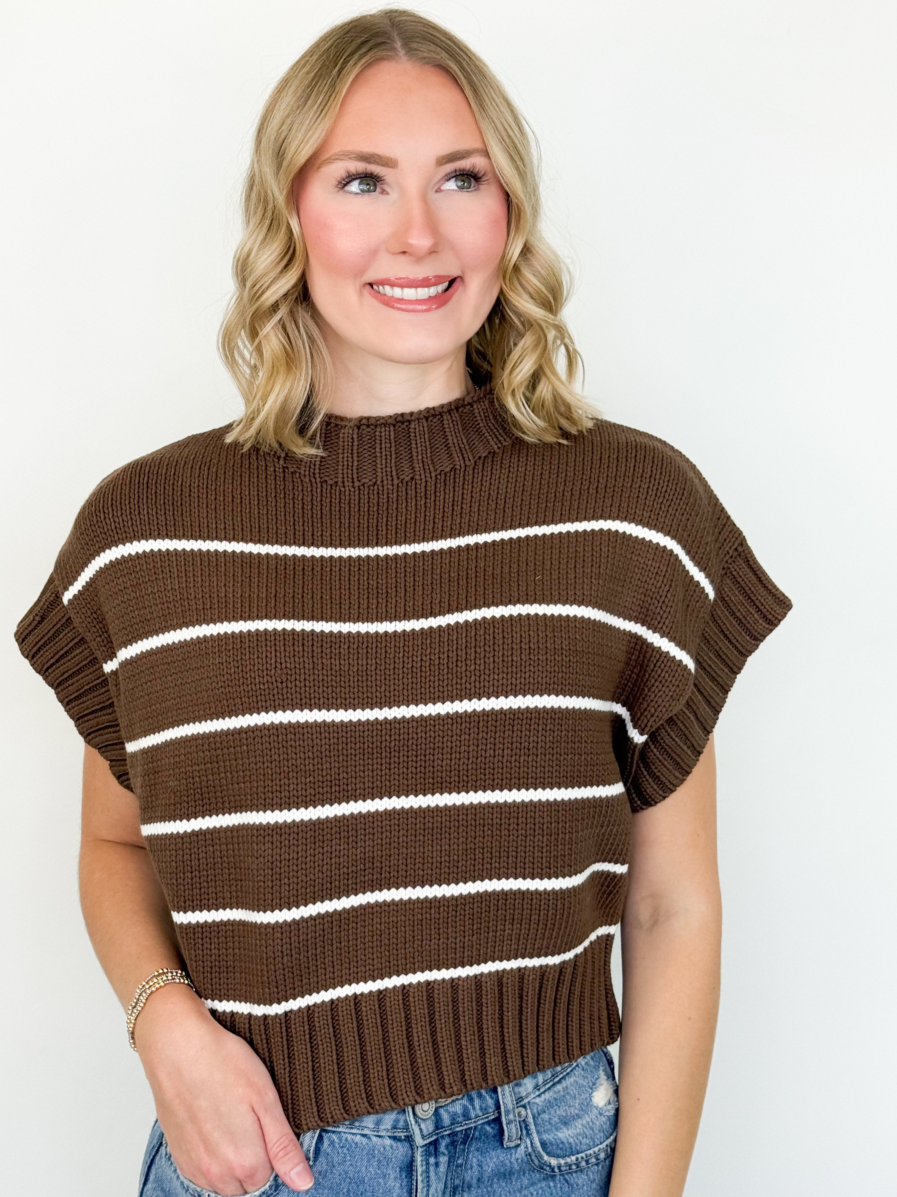 Katie - Striped Mock Neck Sweater (Brown)