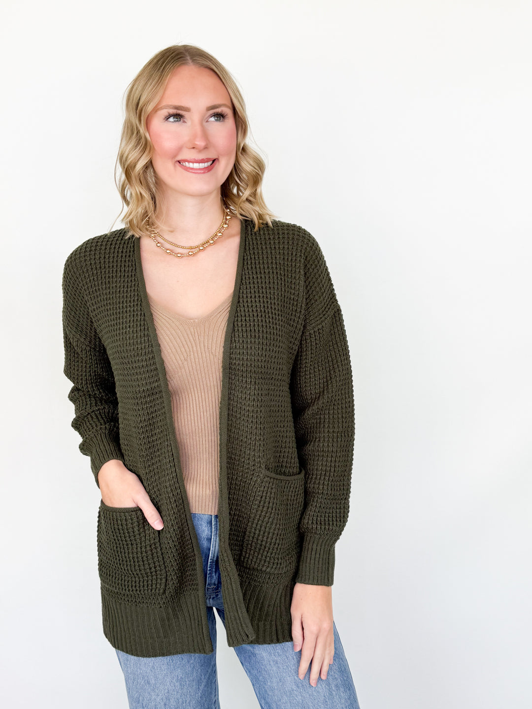 Bette - Waffle Knit Cardigan (Olive)