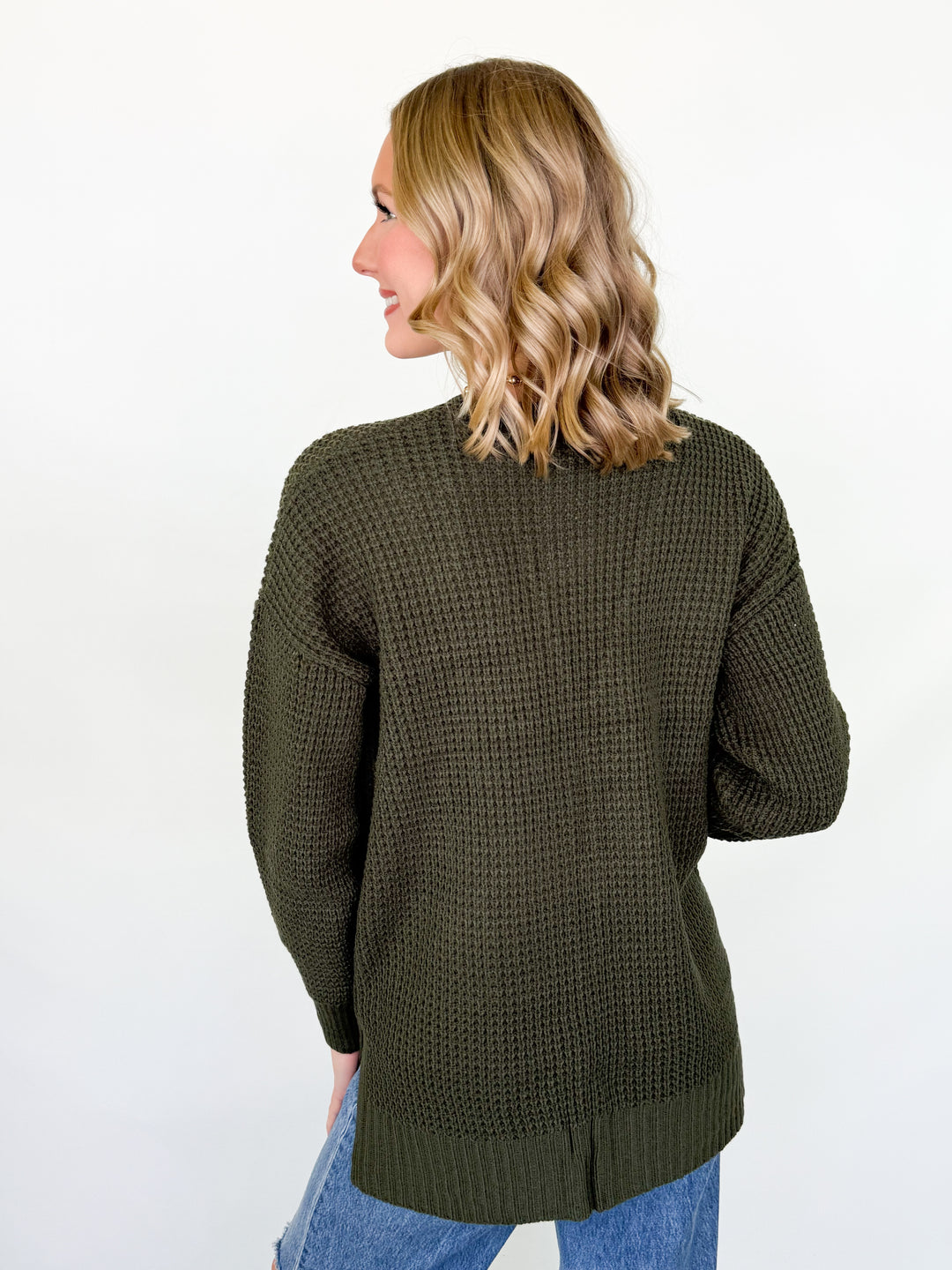Bette - Waffle Knit Cardigan (Olive)