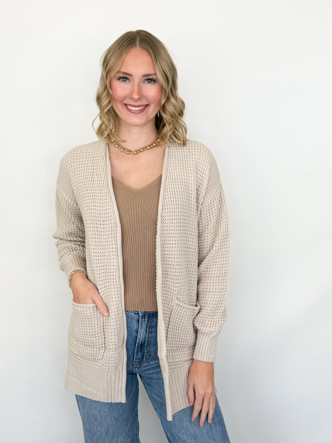 Bette - Waffle Knit Cardigan (Beige)