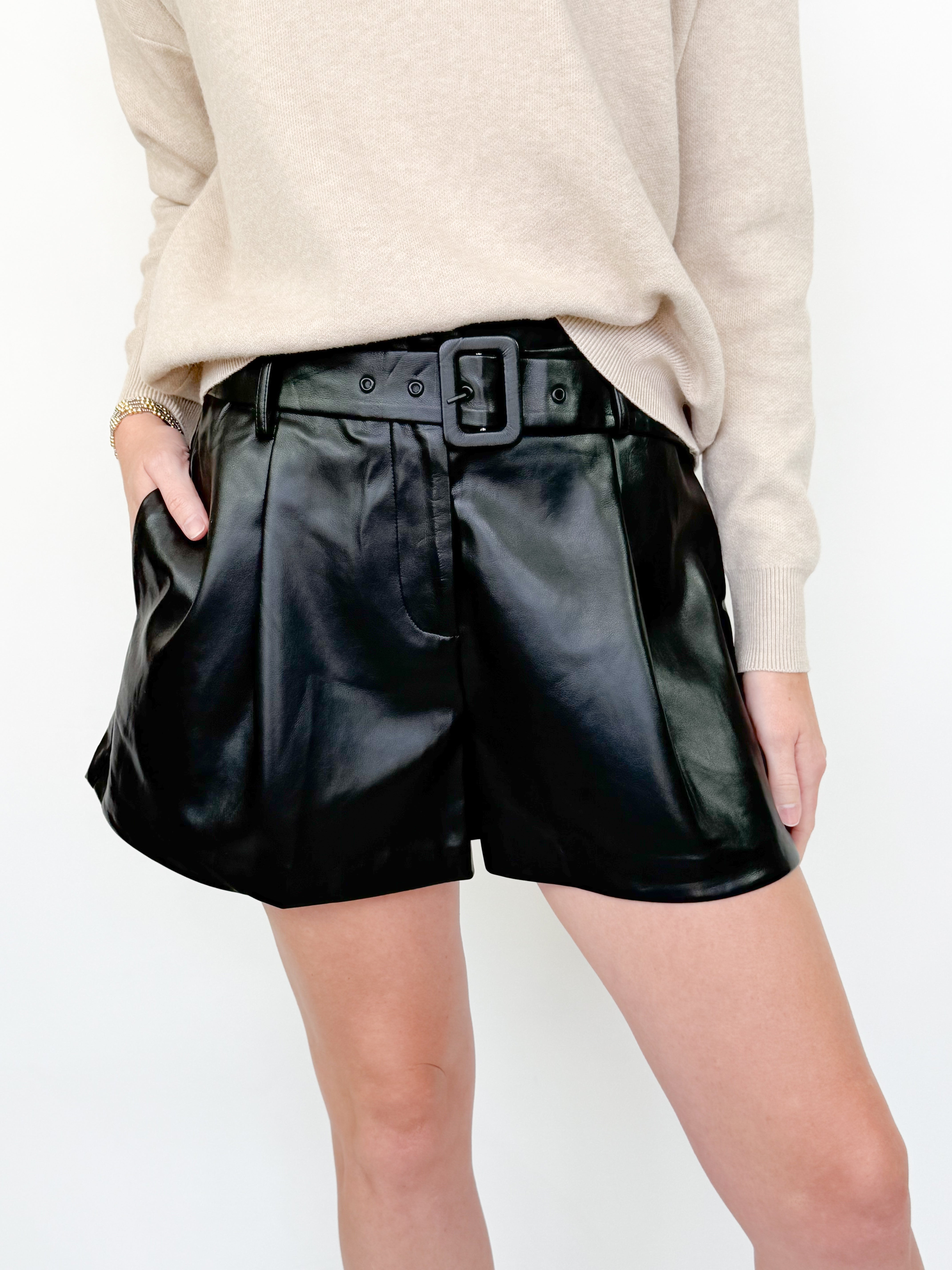 Margaret - Faux Leather Belted Shorts (Black)