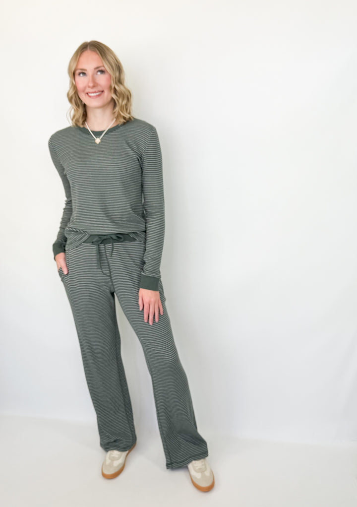 Hallie - Green Striped Thermal Long Sleeve/Pant Set