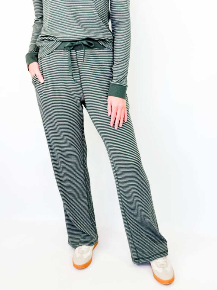 Hallie - Green Striped Thermal Long Sleeve/Pant Set