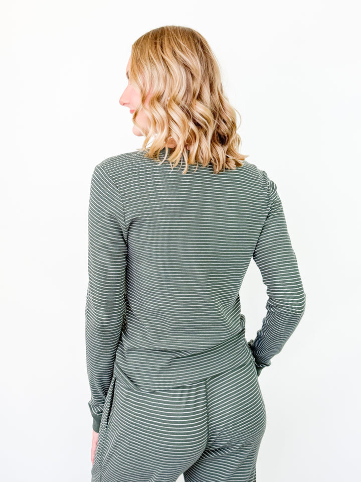 Hallie - Green Striped Thermal Long Sleeve/Pant Set