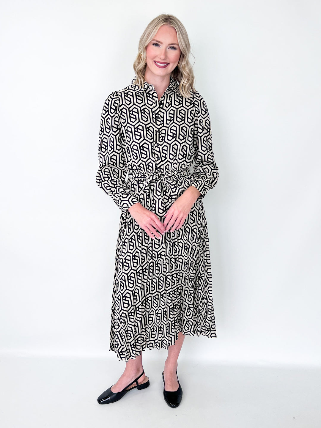 Amelia - Printed Long Sleeve Pleated Midi Dress