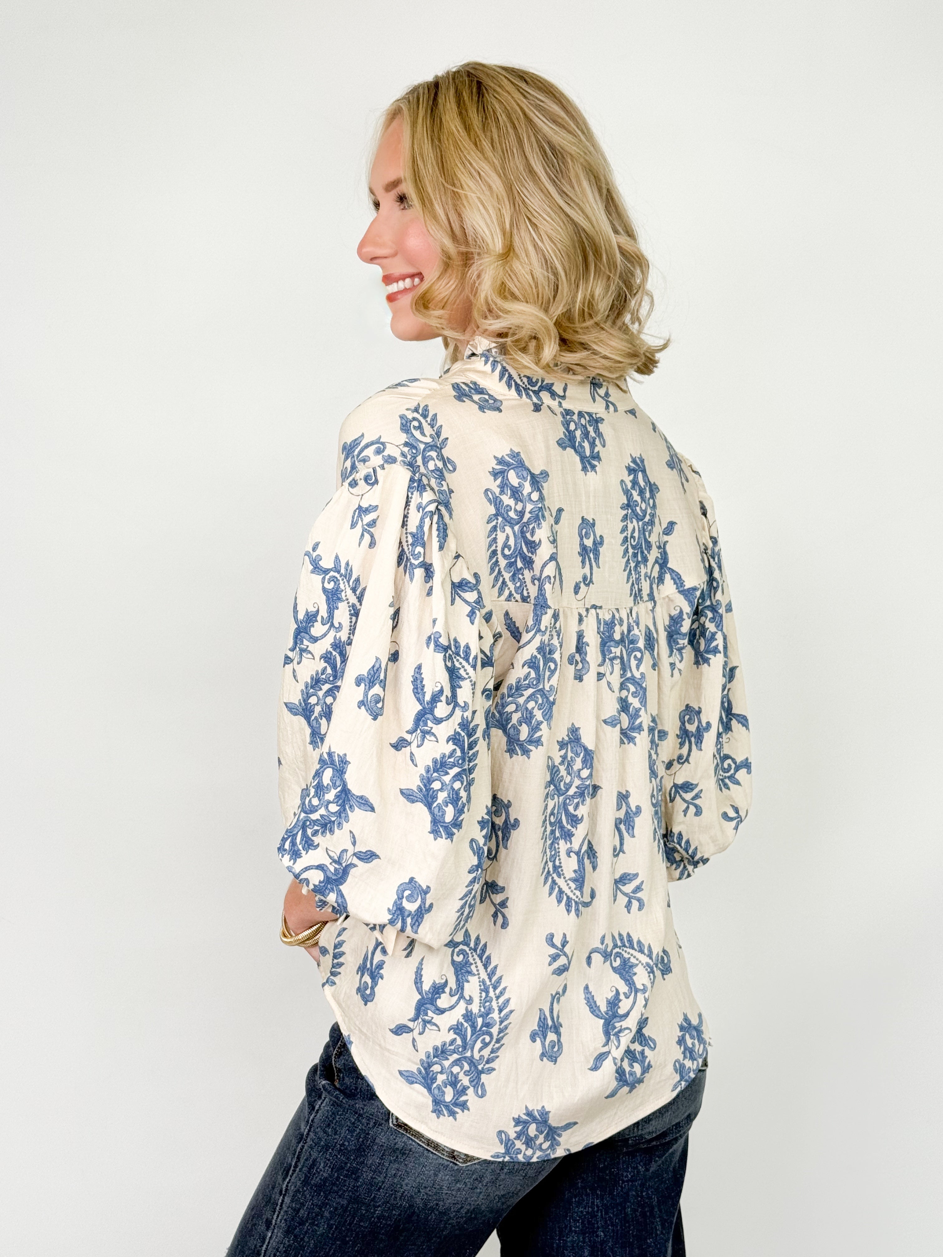 Jaylen - Printed 3/4 Sleeve Button Down Blouse (Blue)