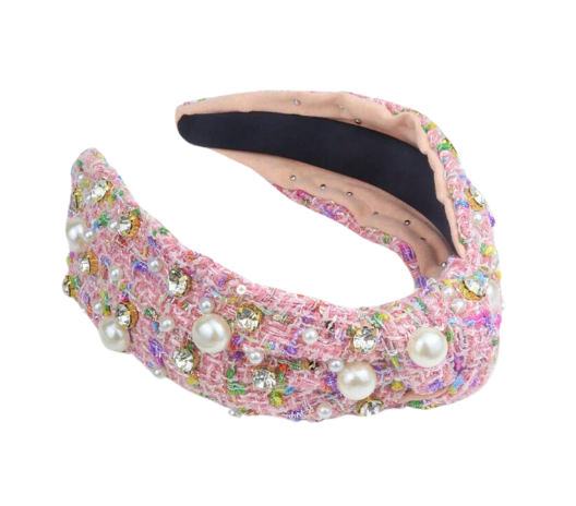 Sasha - Pink Tweed Embellished Headband