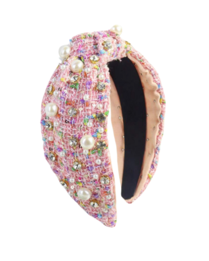 Sasha - Pink Tweed Embellished Headband