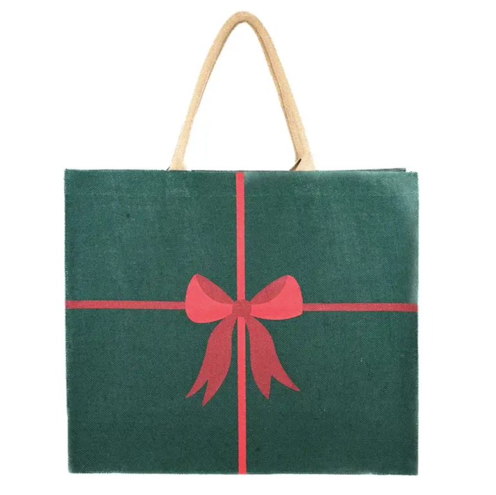 Christmas Tote Bag - Dark Green w/ Red Bow 22x19x8