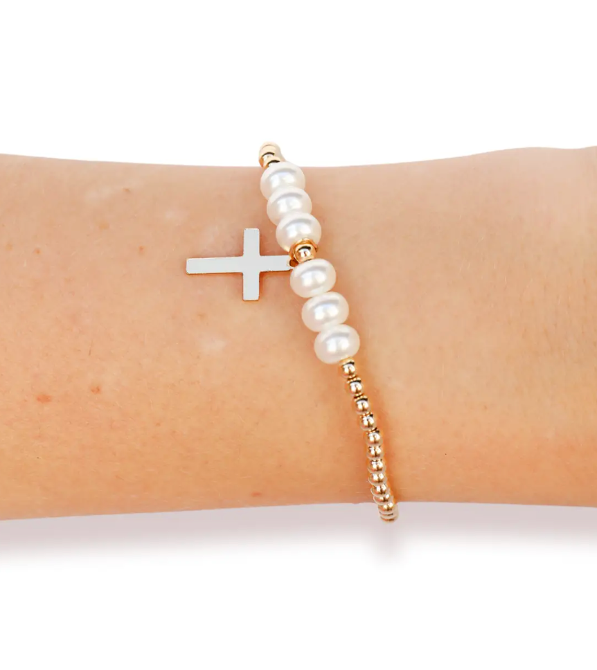 Beaded Blondes - Cross + Pearls Bracelet (Petite)