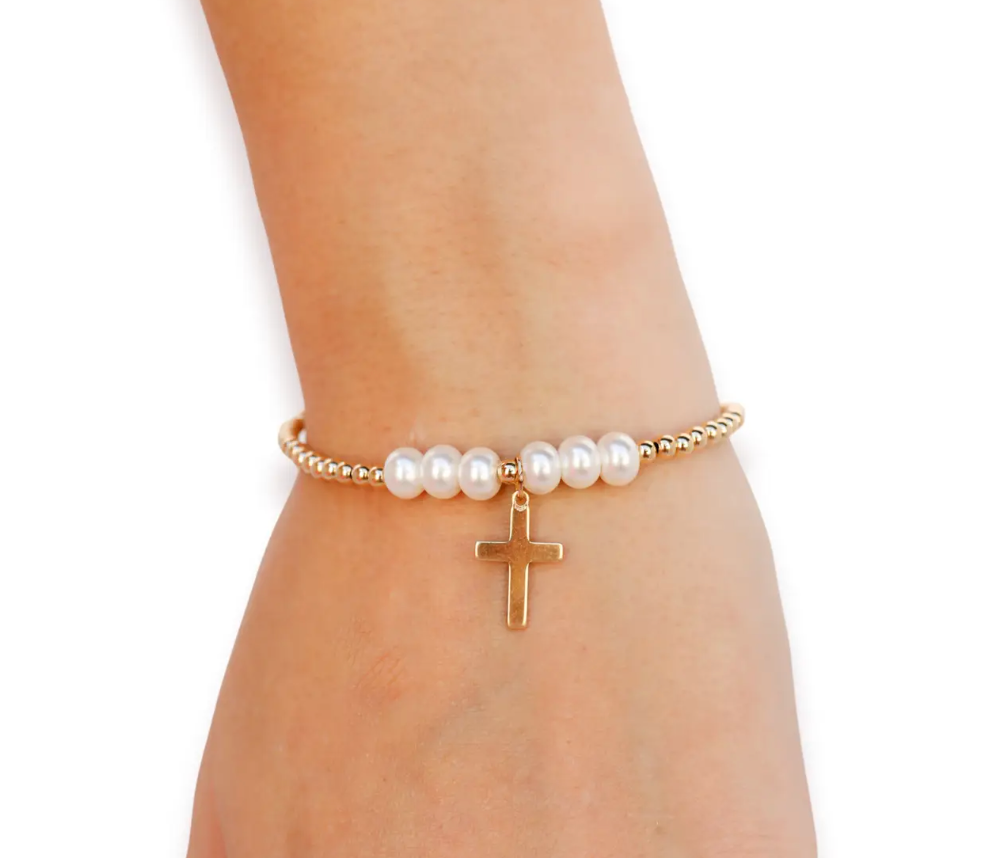 Beaded Blondes - Cross + Pearls Bracelet (Petite)