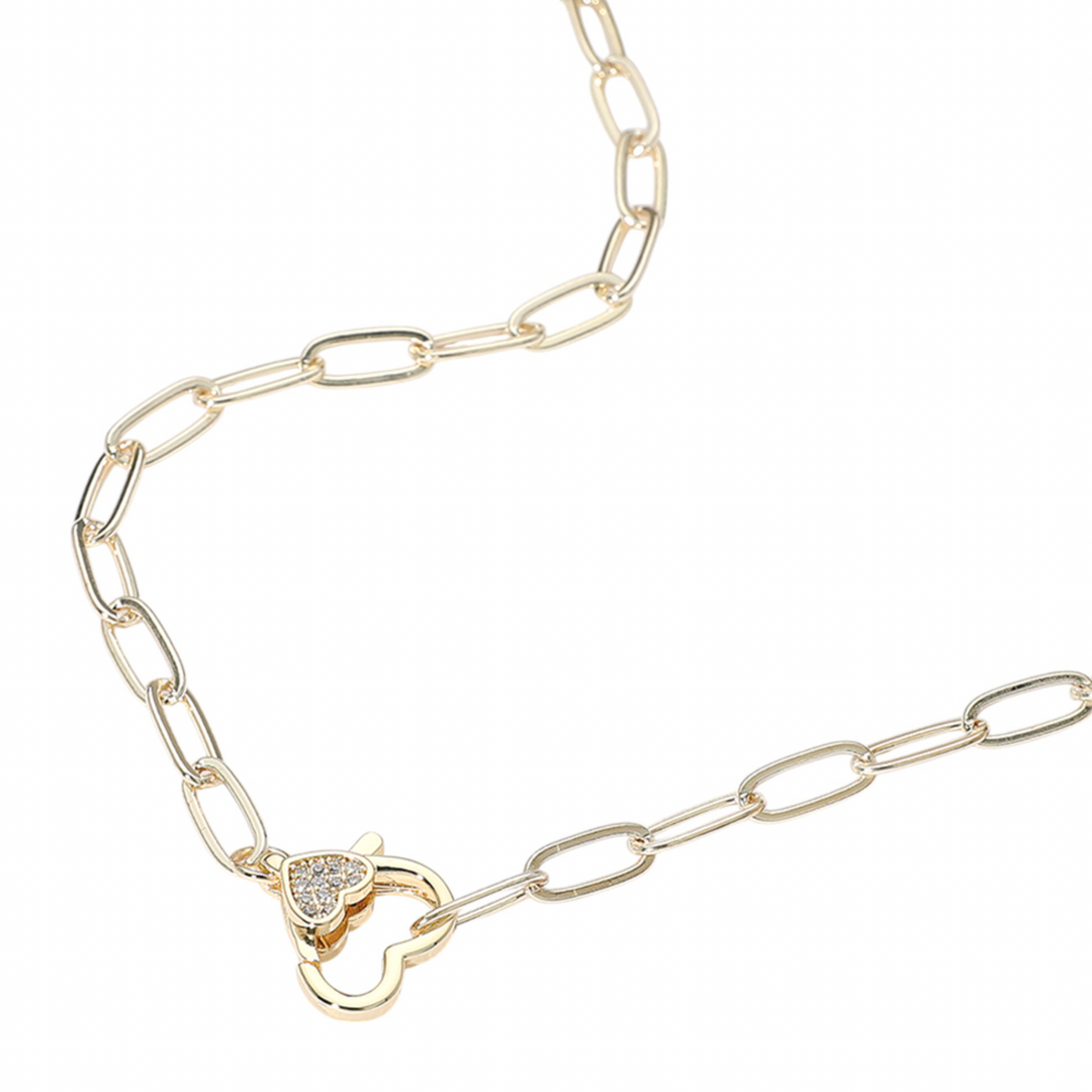 Lexi - CZ Stone Paved Heart Clasp Paperclip Chain Link Necklace