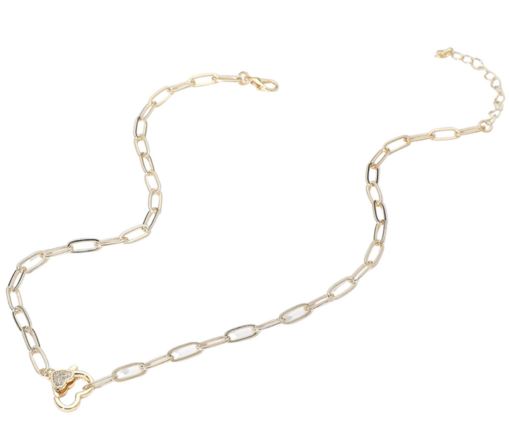 Lexi - CZ Stone Paved Heart Clasp Paperclip Chain Link Necklace