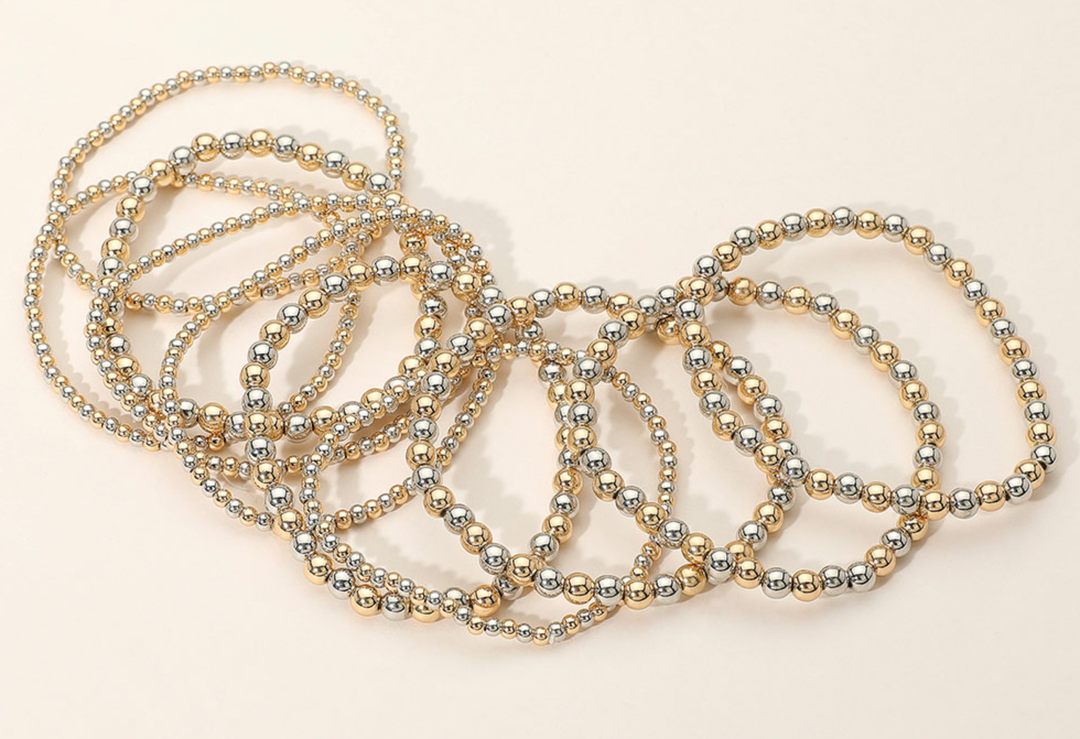 Tia - Metal Beaded Bracelet Set of 10 (Two Tone)