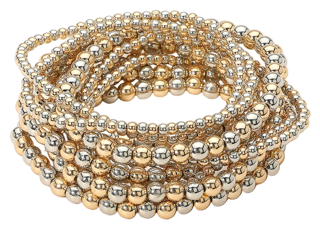 Tia - Metal Beaded Bracelet Set of 10 (Two Tone)