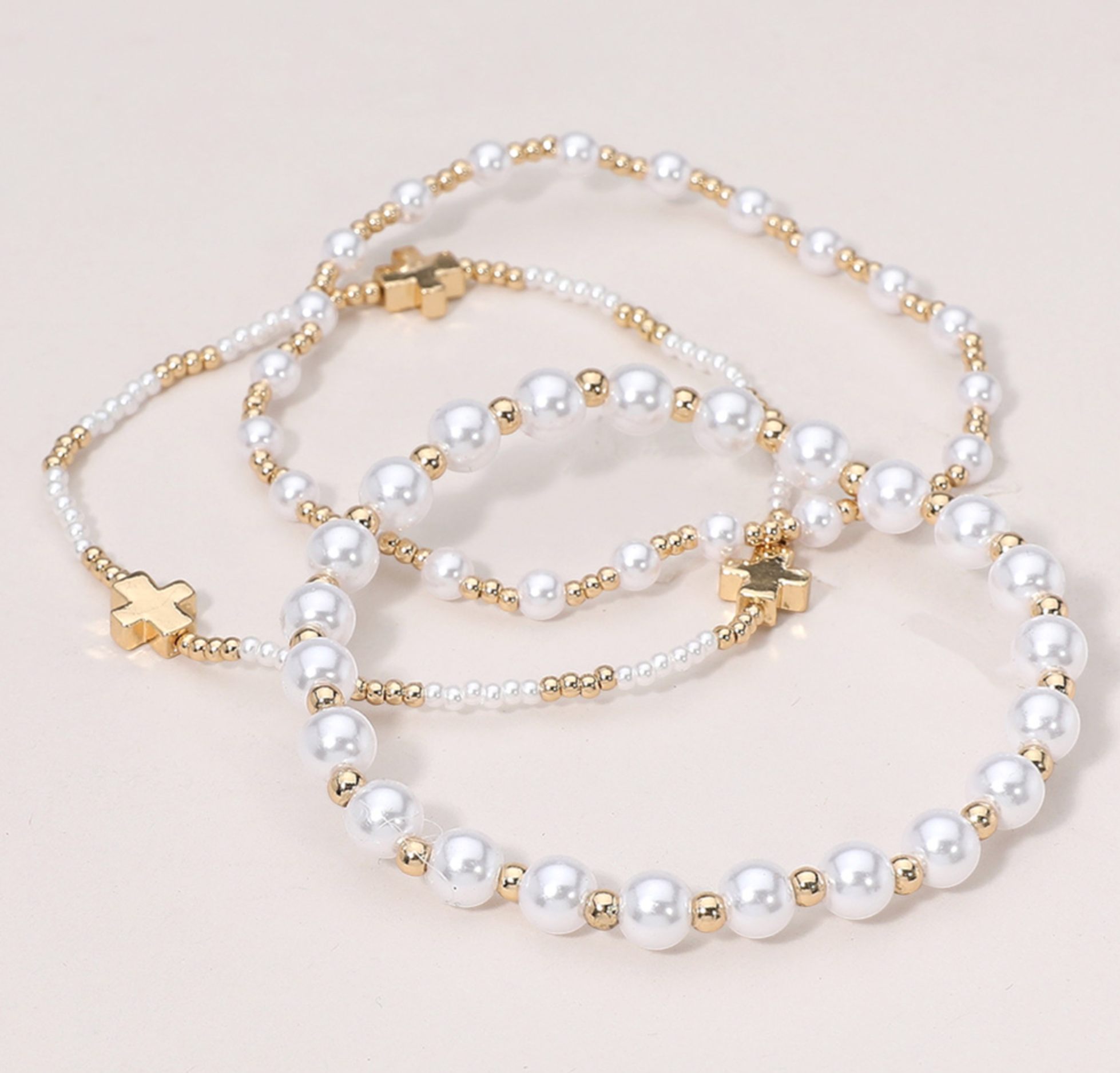 Nora - Cross/Pearl Beaded Bracelet Set of 3