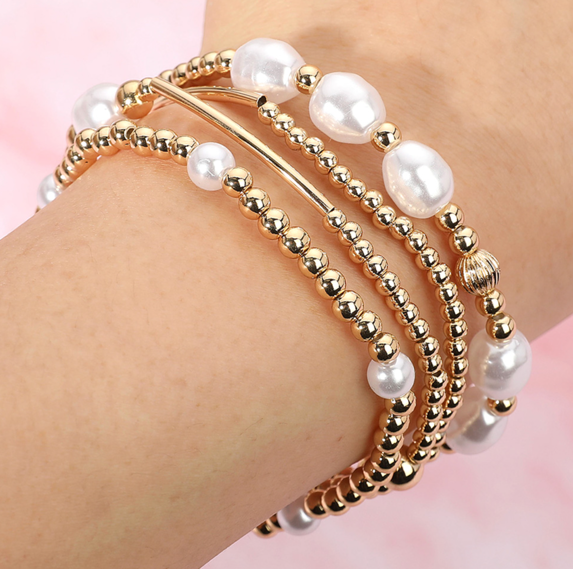Lila - Pearl Gold Beaded Bracelet Set of 4