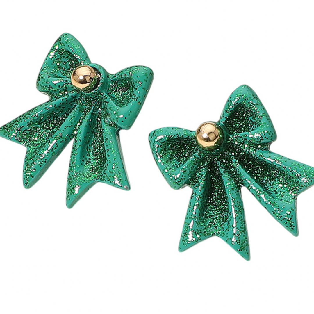 Glitter Bow Earrings - Green
