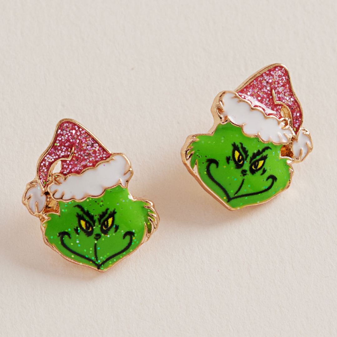 Pink Santa Hat Grinch Stud Earrings