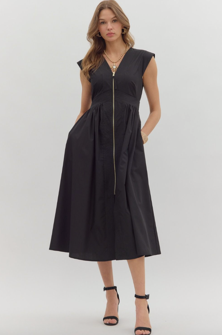 Kathryn - Black Front Zip Midi Dress