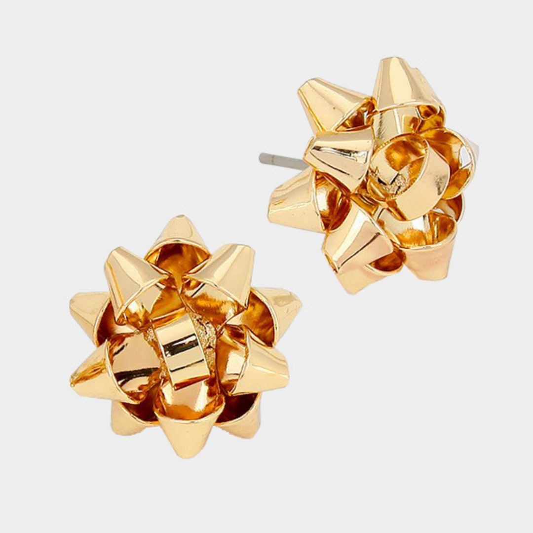 Christmas Gift Bow Stud Earrings - Gold