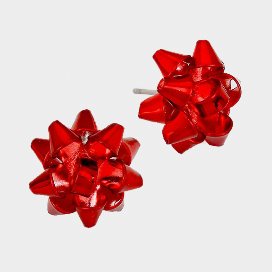 Christmas Gift Bow Stud Earrings - Red
