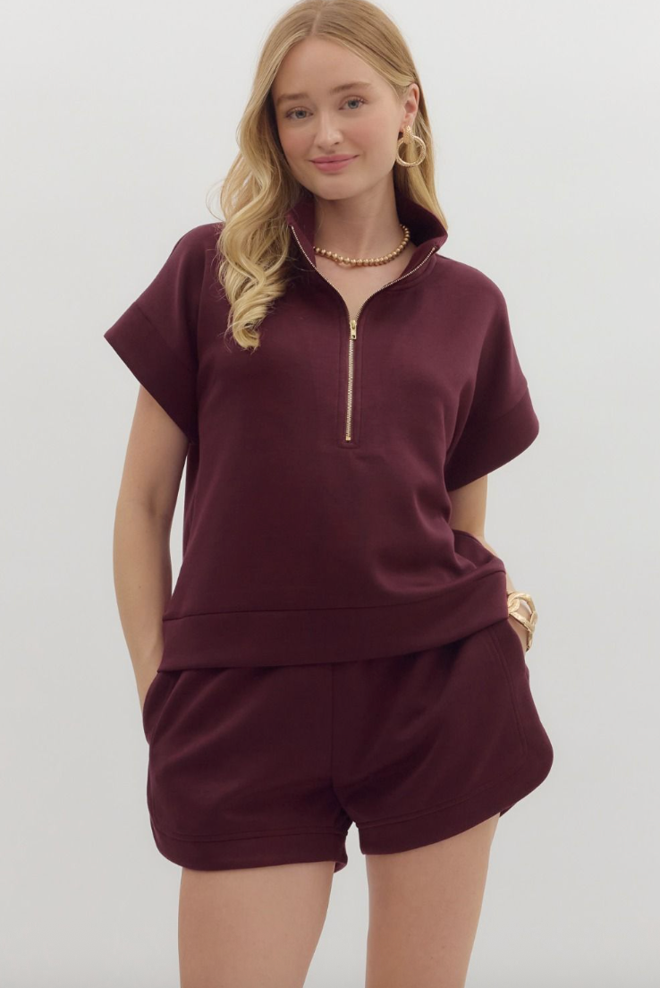 Hanna - Maroon Half Zip Short Set
