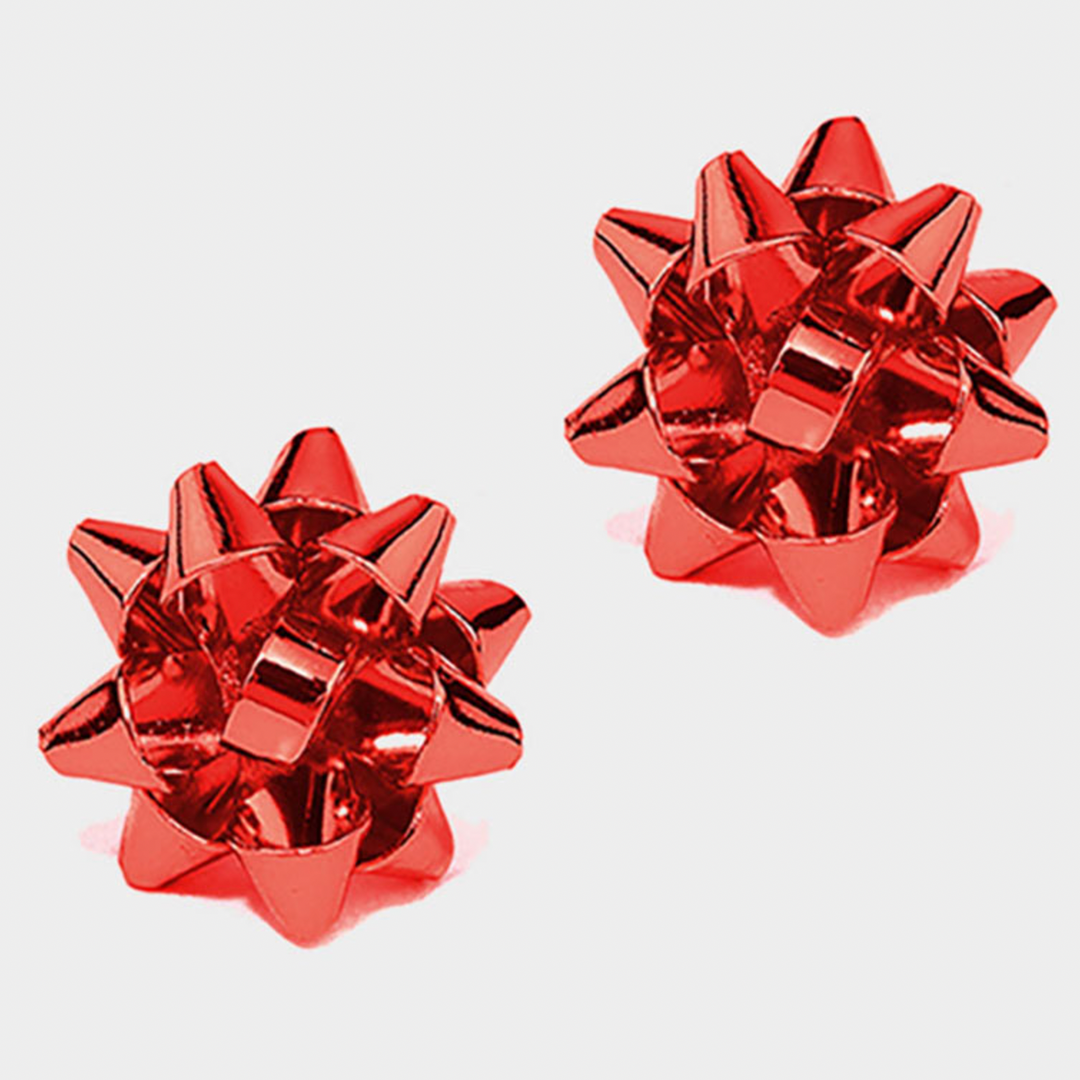 Christmas Gift Bow Stud Earrings - Red