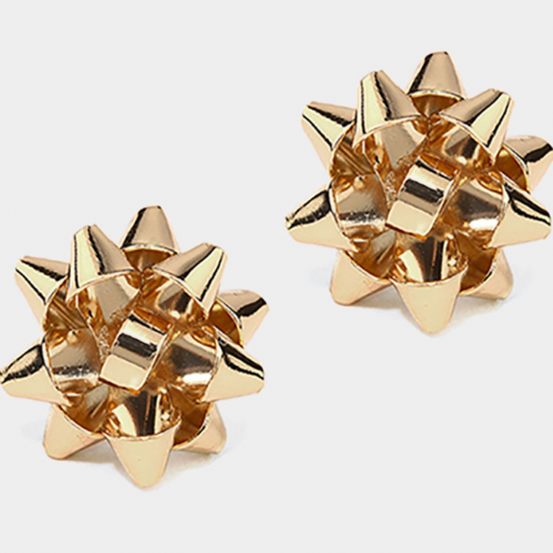 Christmas Gift Bow Stud Earrings - Gold