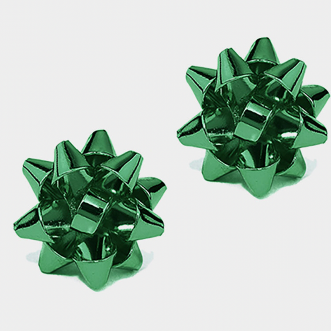 Christmas Gift Bow Stud Earrings - Green