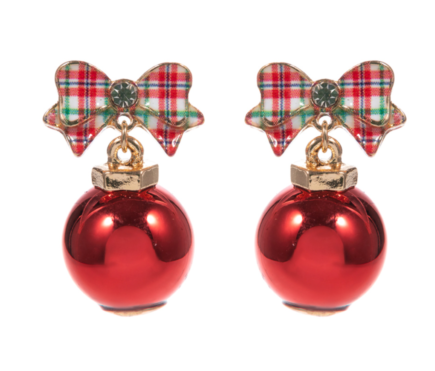 Plaid Bow Red Ornament Earrings