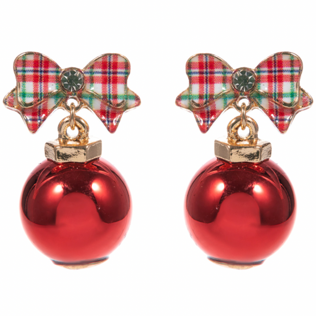Plaid Bow Red Ornament Earrings