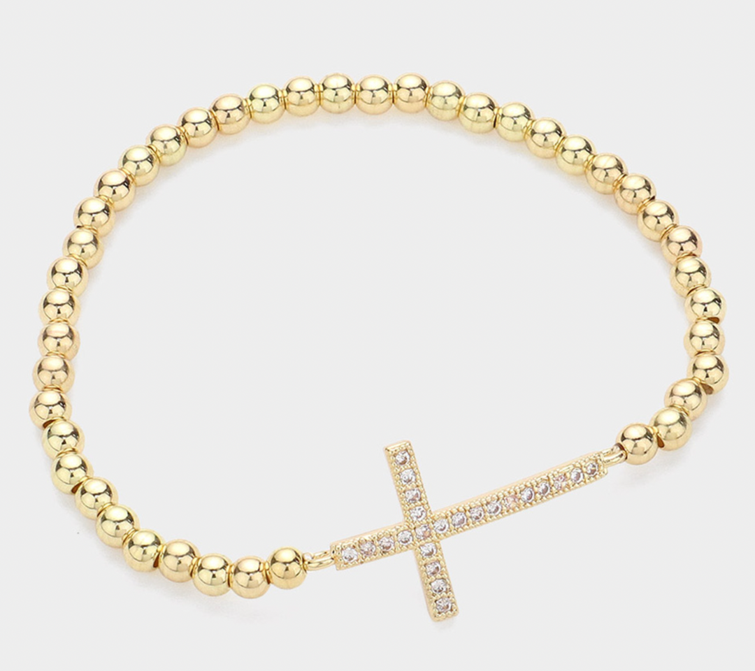 Veronica - Gold Beaded Pave Cross Bracelet