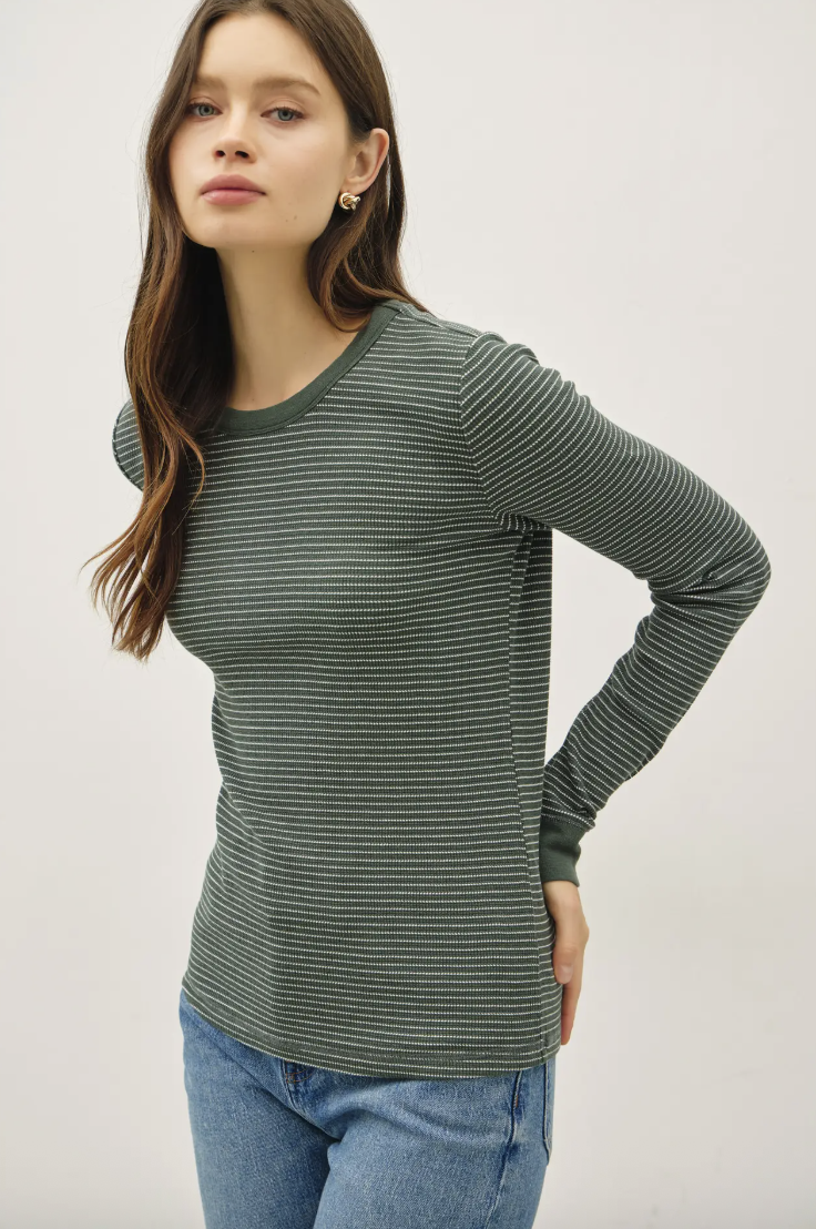Hallie - Green Striped Thermal Long Sleeve Top