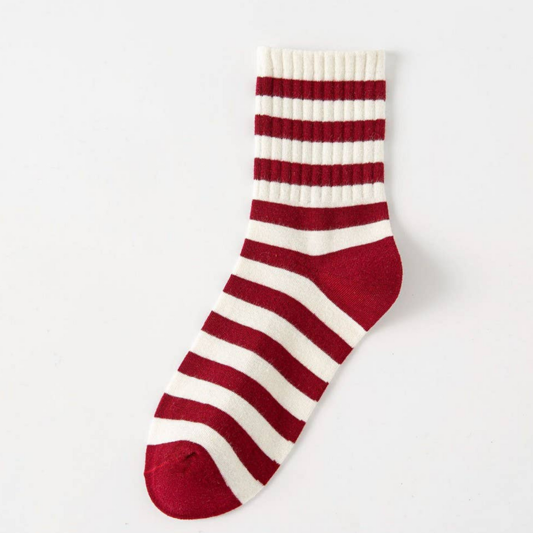Crimson Red Striped Crew Socks