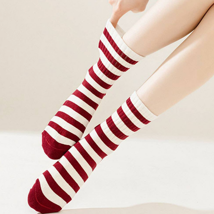 Crimson Red Striped Crew Socks