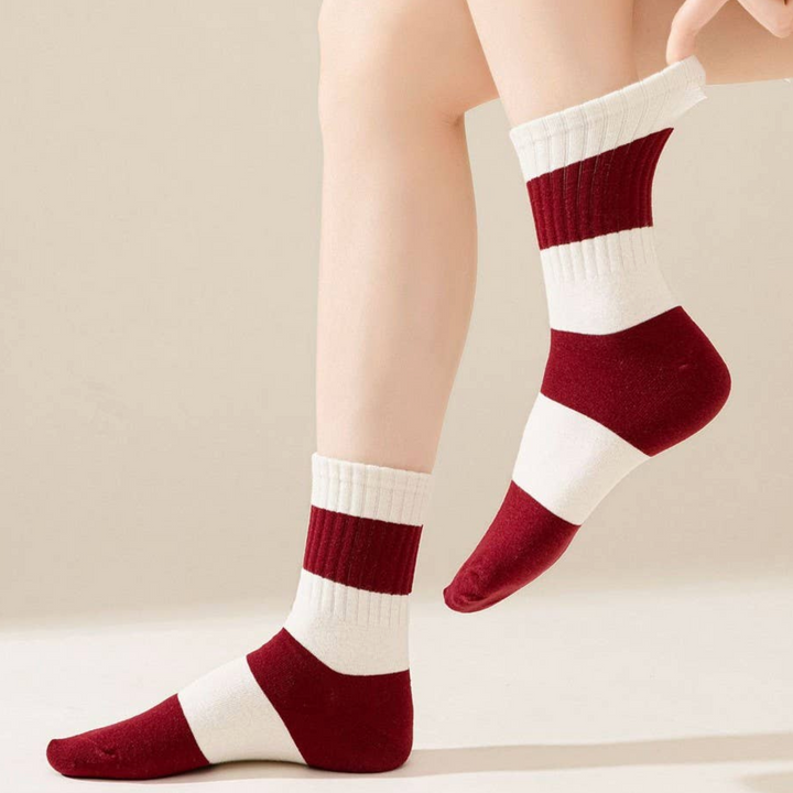 Crimson Red Wide Stripe Crew Socks