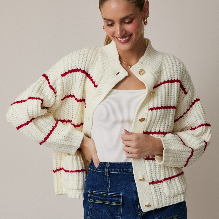 Karsyn - Mock Neck Red Striped Chunky Knit Cardigan