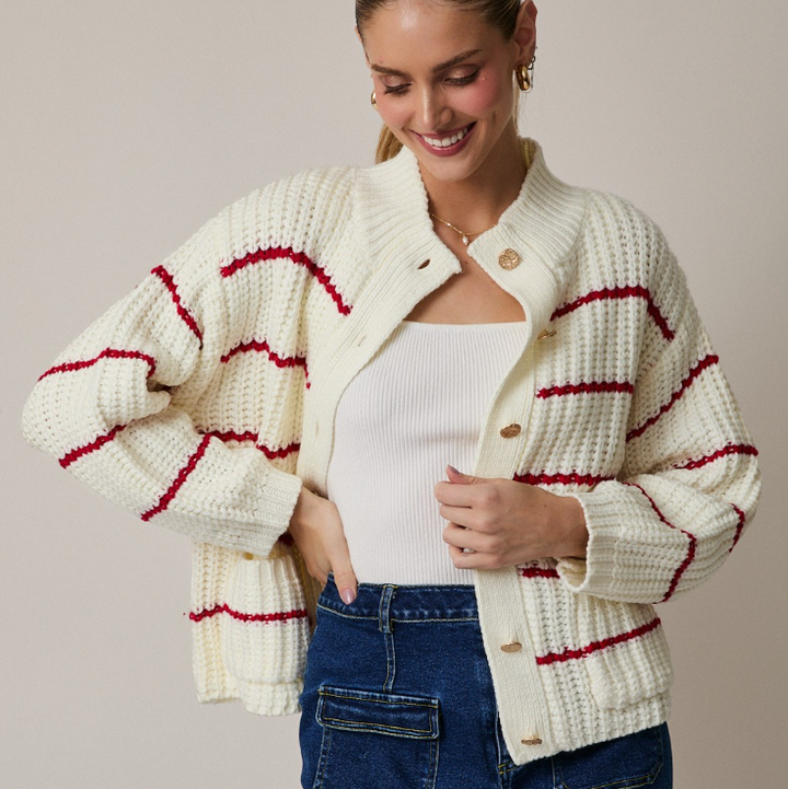 Karsyn - Mock Neck Red Striped Chunky Knit Cardigan