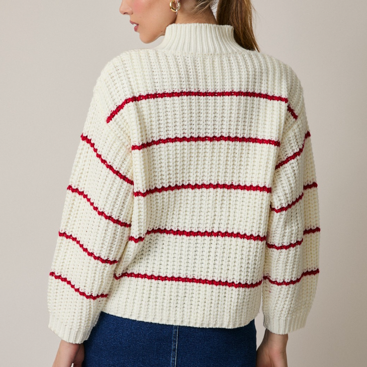 Karsyn - Mock Neck Red Striped Chunky Knit Cardigan