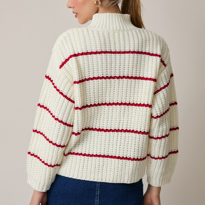 Karsyn - Mock Neck Red Striped Chunky Knit Cardigan