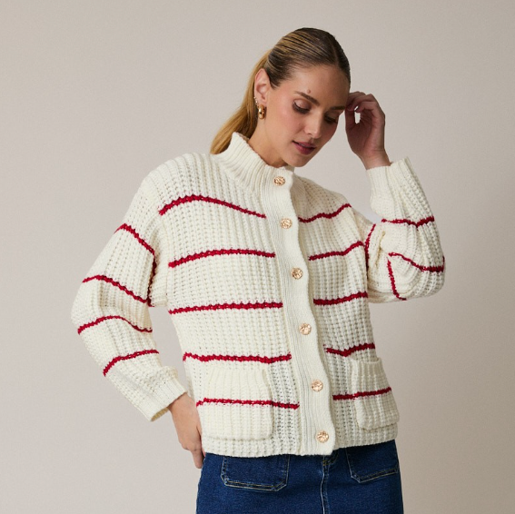 Karsyn - Mock Neck Red Striped Chunky Knit Cardigan