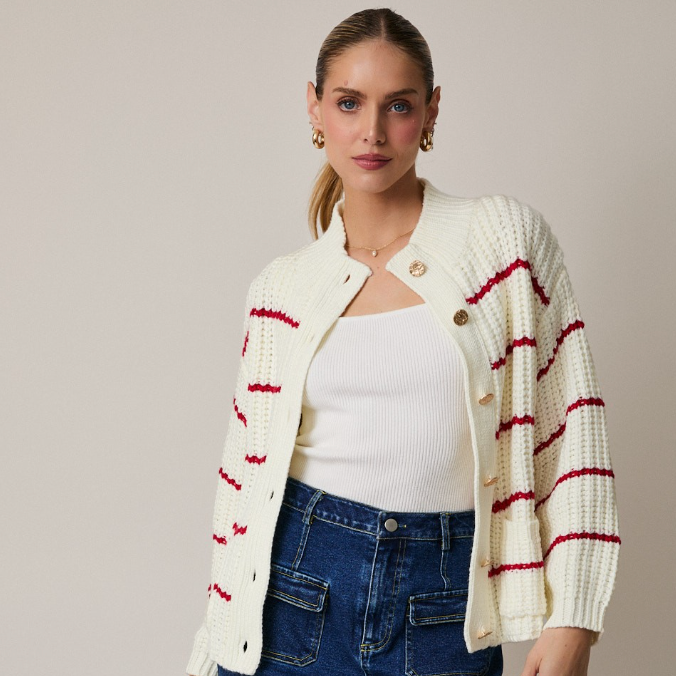 Karsyn - Mock Neck Red Striped Chunky Knit Cardigan