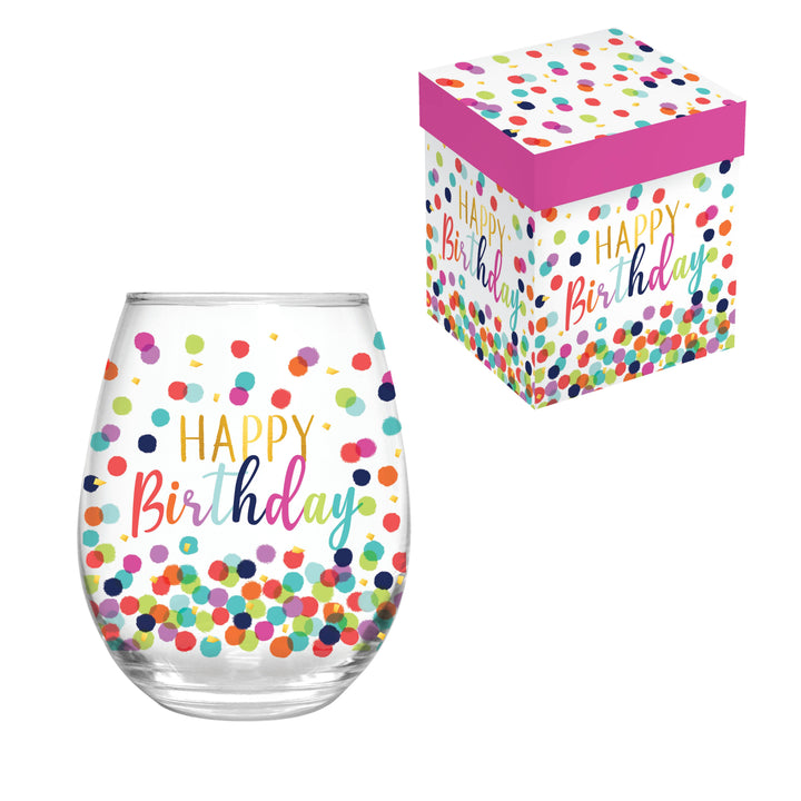 Happy Birthday Dotted Stemless Wine Glass